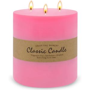 Large 3-Wick Pink Pillar Candle - 6x6 Inch Dripless & Smokeless Unscented Fat Candle, 120 Hour Long Burning Hand-Poured Thick Candle with Cotton Wicks
