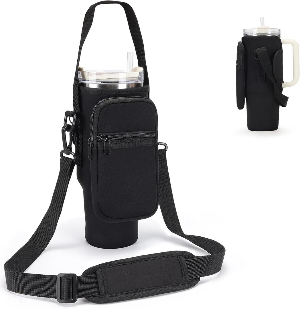 Water Bottle Carrier Bag for Stanley 40/30 oz Tumbler with Phone Pocket Neoprene Water Bottle Holder with Shoulder & Handheld Strap Stanley Cup Accessories (Black)