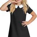 Summer Dress for Girls Doll Collar Short Sleeve A Line Swing Party Dresses with Pocket for Kids Aged 9-10 Years (Black)