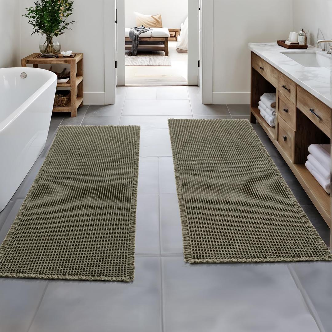 MIULEE Set of 2 Waffle Bathroom Runner Rugs, Boho Bath Rugs Non Slip, Super Absorbent Runner Bath Mats, Rubber Backed Shower Mats for Hallway Bedroom Laundry Room, Christmas Green, 2'x6'(24x72 Inch)