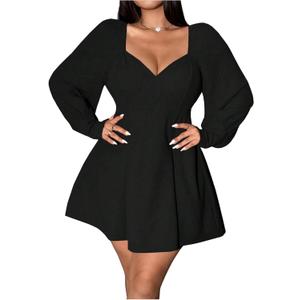 Floerns Women's Plus Size Elegant Fall Sweetheart Neck Long Sleeve Dress Solid Lantern Long Sleeve Mini Dress Going Out Dress (X-Large Plus, Black)