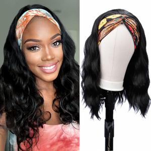 Colorful Queen Glueless Headband Wig Synthetic Long Black Body Wave Headband Wigs for Black Women Natural Looking Wavy Wig Heat Resistant 180% Density(16inch, 1B#)