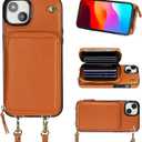 Bocasal Crossbody Wallet Case for iPhone 15 Plus, RFID Blocking Leather Purse Case with Card Holder, Protective Handbag Flip Cover with Zipper Wrist Strap Lanyard for Women 5G 6.7 Inch (Brown)