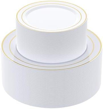 JOLLY CHEF 102 Count Gold Disposable Plastic Plates, Heavyweight Disposable Wedding Plates Set White Party with Gold Rim, Includes 51 Dinner 10" and 51 Dessert 7"