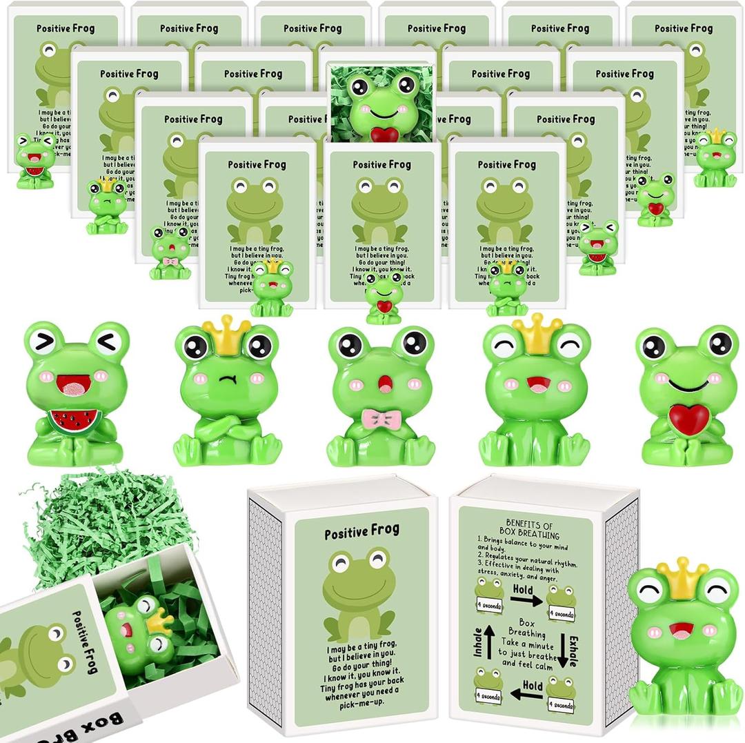 25 Set Bulk Valentines Day Gifts for Coworkers Employee Small Funny Desk Pets Cute Resin Ornaments Valentines Party Favors Adults Positive Emotional Card Box Women Men Office (Frog)