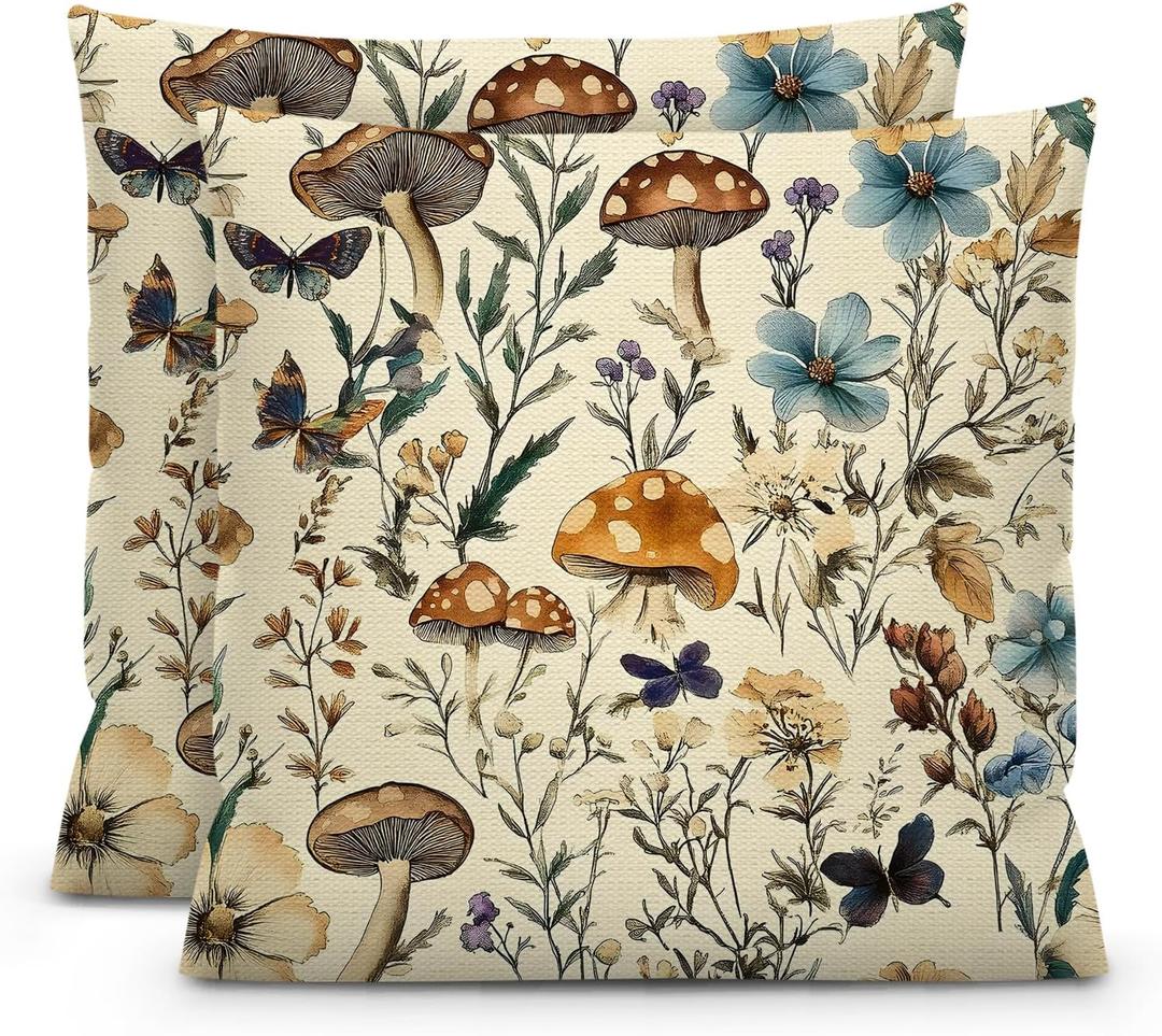 Floral Mushroom Pillow Covers, Vintage Flower Floral Mushroom Decorative Throw Pillow Covers Cushion Cases for Bedroom Couch Sofa Bed Living Room Car 18x18 Inches Set of 2