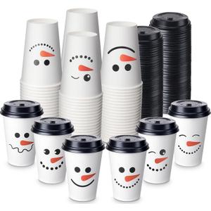 Sliner 120 Pcs Christmas Snowman Disposable Paper Coffee Tea Cups with Lids Winter Wonderland Xmas Cocoa Cups for Juice Hot Cold Beverage Drinks Seasonal Holiday Party Supplies(12 oz)