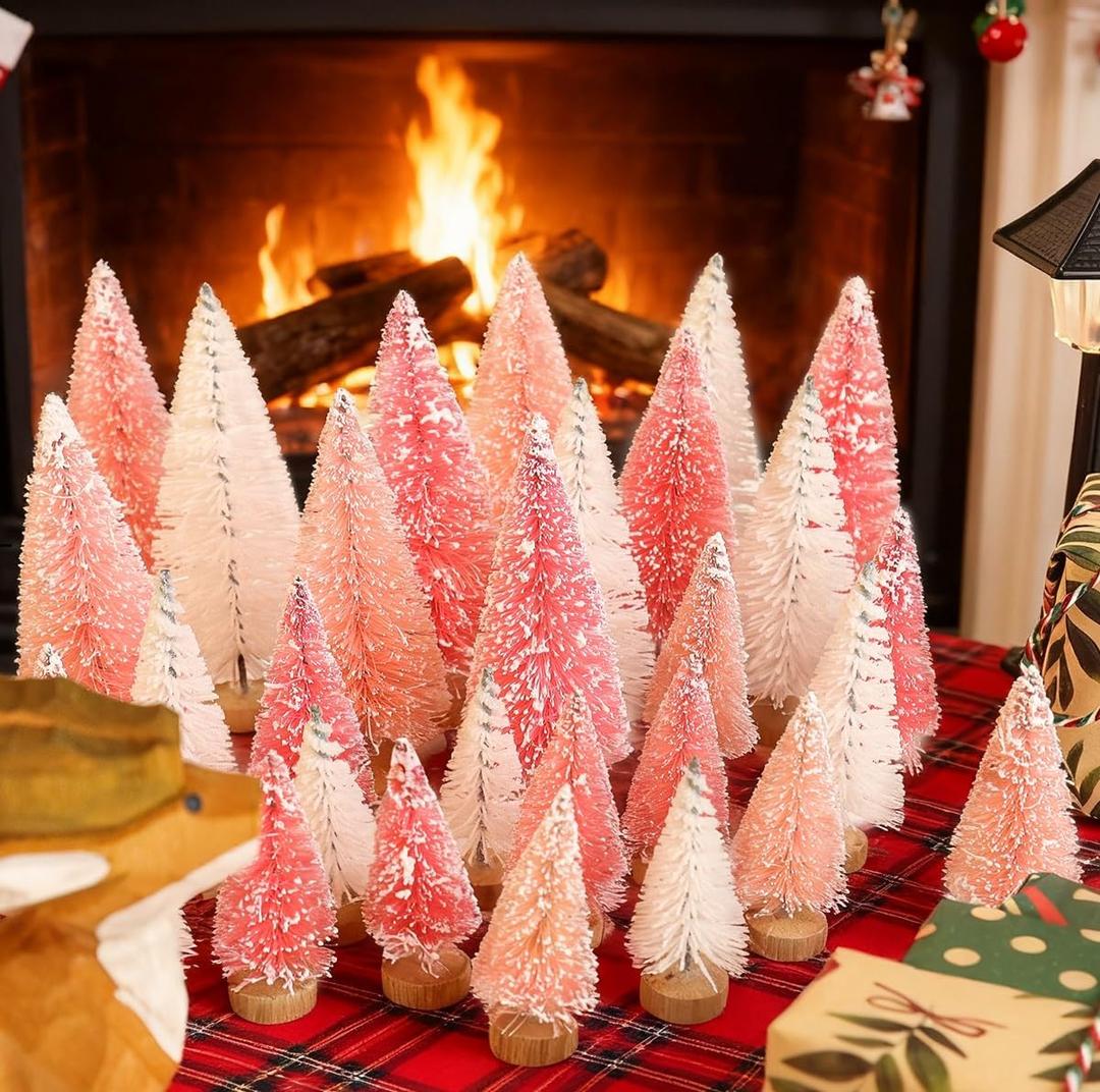 30Pcs Mini Christmas Trees Artificial Bottle Brush Trees with Wooden Base for Christmas Decor Xmas Party Home Table Craft Decorations (Light Pink + White + Pink)