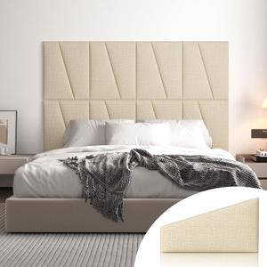 Peel and Stick Headboard for Queen Bed Linen Fabric Upholstered Wall Mounted Headboard - Wall Padding Panel in Beige for Bedroom/Living Room/Dorm (6 Panels)
