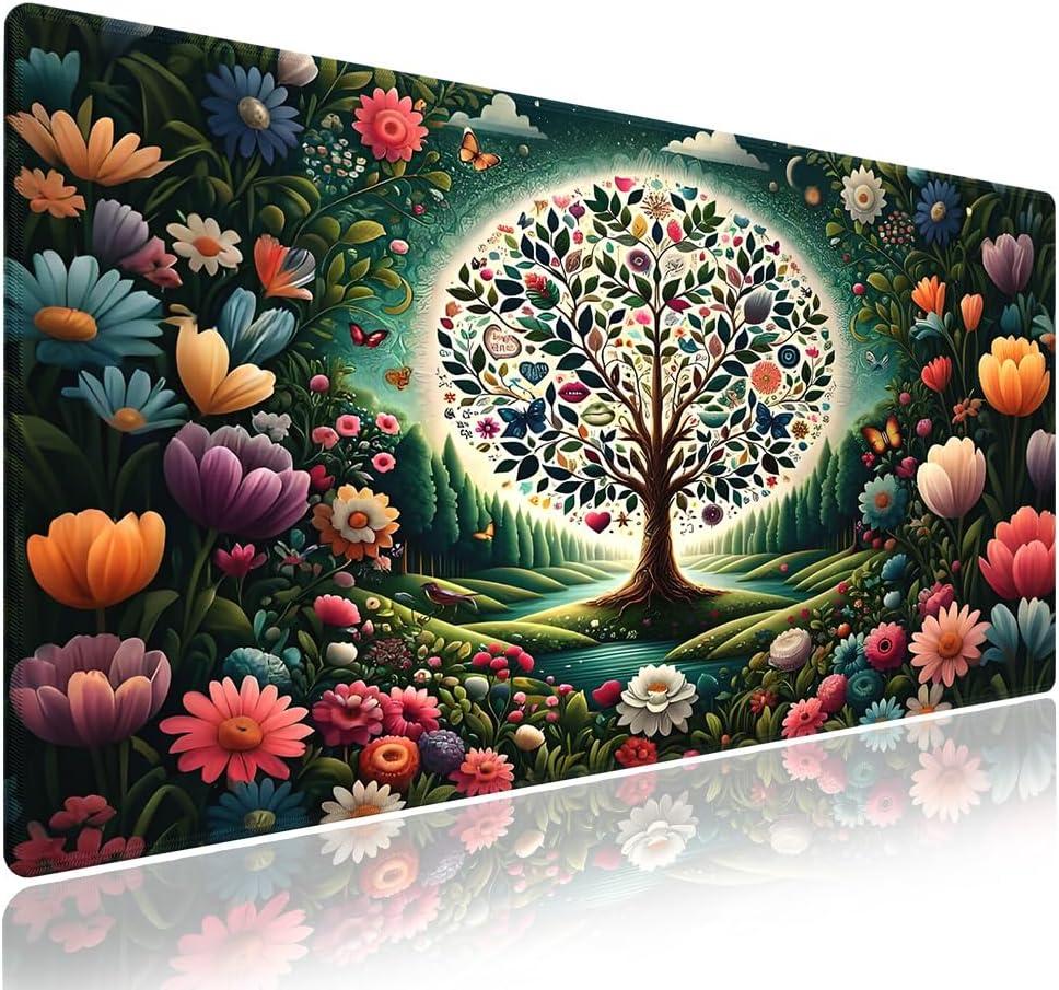 Wknoon. Extra Large Gaming Mouse Pad (31.5" x 11.8") with Durable Stitched Edges  Abstract Enchanted Tree of Life Colorful Floral Wonderland, Anti-Slip Base & Smooth Surface Extended XXL Desk Mat