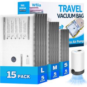 Rechargeable Pump Vacuum Bags for Travel Packing,15 Packs Large Size Vacuum Seal Bags for Luggage and Suitcase Compression, Space Saver for Bedding and Clothing Organization