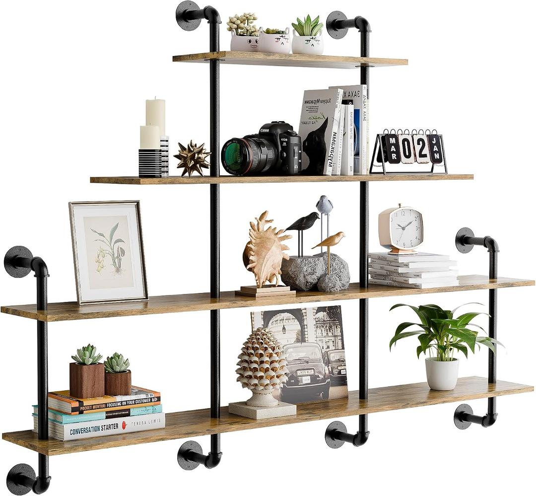 Industrial Pipe Shelving, 4 Tier Rustic Wooden Floating Shelves, Wall Display Bookshelf, Storage Rack Sundries Holder for Kitchen Office Bathroom Organization and Home Decor, 63 Inch