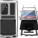 Compatible with Samsung S24 Metal Bumper Silicone Case with Stand Built-in Screen Protector Gorilla Glass Hybrid Durable Military Shockproof Heavy Duty Rugged Full Body Camera Cover (Silver)