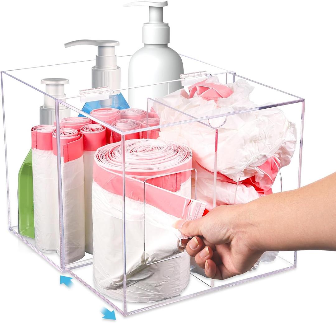 3 In 1 Trash Bag Organizer Under Sink with Grocery Bag Dispenser, Extra Large Acrylic Trash Bag Dispenser with Lid Under Sink for Cabinet, Desktop, Bathroom, Office