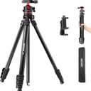 NEEWER Basics 66.5"/169 cm Travel Tripod for Camera, Lightweight Portable DSLR Stand with Ball Head, Arca Type QR Plate, Cell Phone Holder Compatible with iPhone Video Recording, Max Load 11 lb, TP12