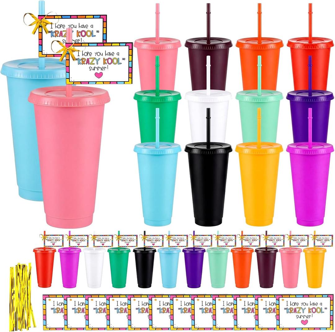 24 Sets End of Year Student Gifts from Teacher 24 oz Summer Plastic Tumbler with Lid and Straw Crazy Cards Colorful Reusable Cups Bulk for End of Year Graduation Gifts