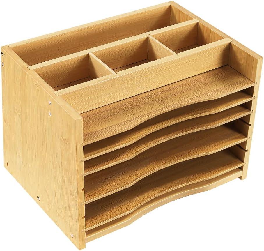 WKWKER 5-Tiers Bamboo File Organizer Paper Organizer Mail Sorter Document Letter Trays Desk Organizer with 4 Dividers for Office Home Study Desk Storage (Natural Color)