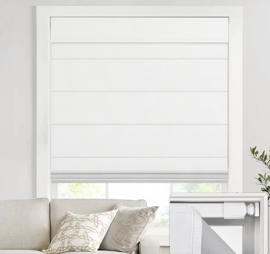 UNISHADES no Drill Cordless Roman Shades for Windows, 38" W × 64" H - 100% Blackout - Linen - Mist White