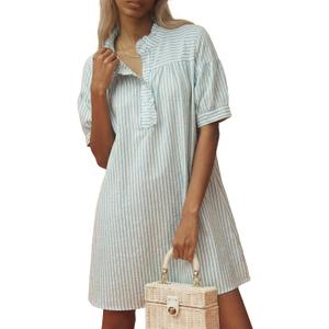 BLENCOT Womens Button Down Shirt Dresses Casual Striped Cotton Stand Collar Ruffle Puff Sleeve Summer Mini Dress (Medium)