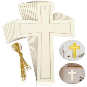 Beeveer 24 Pcs Unfinished Wooden Crosses for Crafts 8.9 x 6.5 Inch Unpainted Large Blank Wooden Layered Cross for Sunday School Crafts DIY Easter Projects Church Home Wall Decoration with String