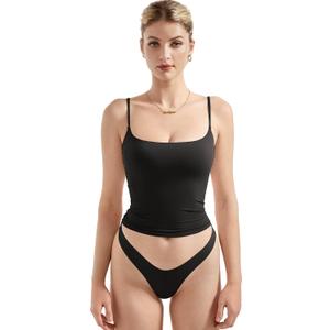 SUUKSESS Women Double Line Square Neck Tank Top Summer Y2K Going Out Basic Cami Shirt (Black, XL)