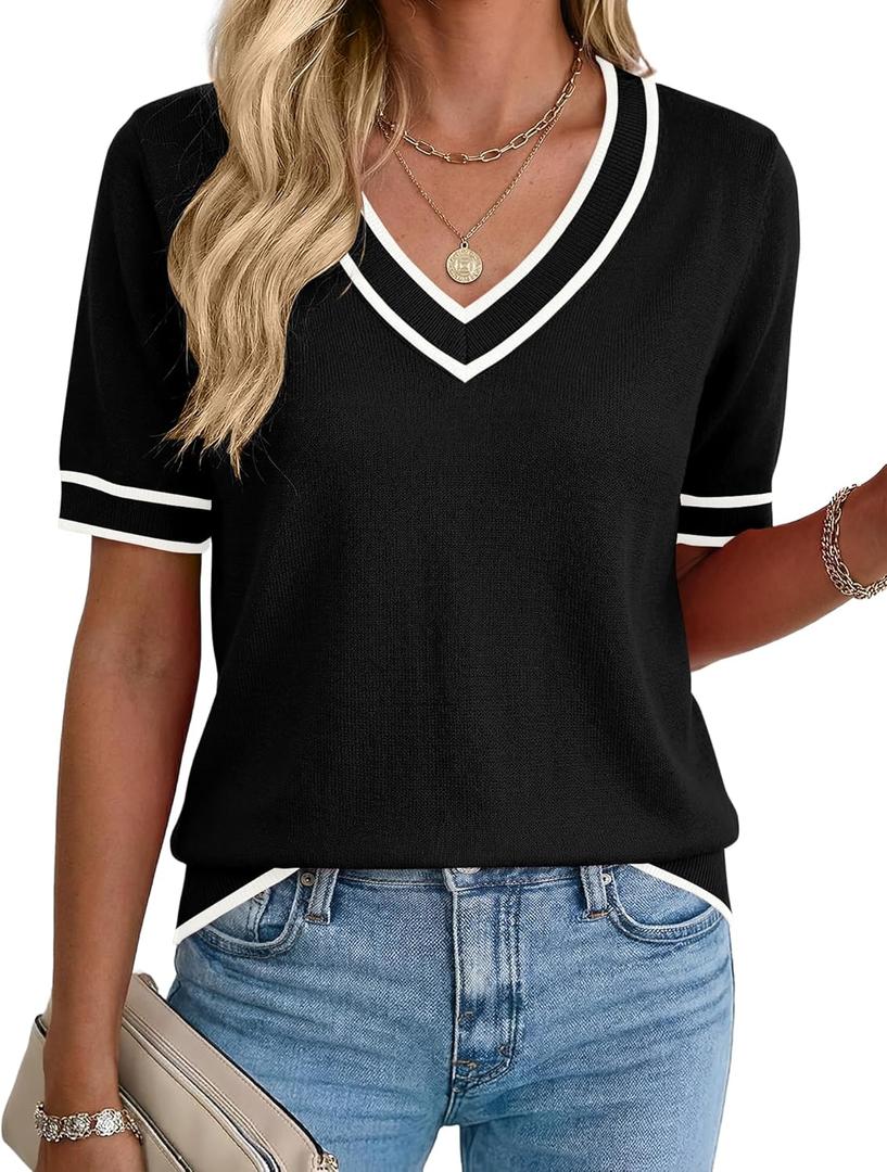 Rapbin Womens Short Sleeve Sweater Summer V Neck Tops Casual Knit Shirts Lightweight Pullover Top (Black, M)