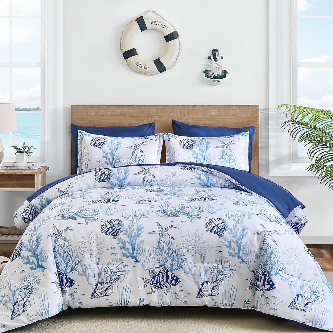 Coastal Queen Size Comforter,7 Pieces Beach Nautical Themed Bedding