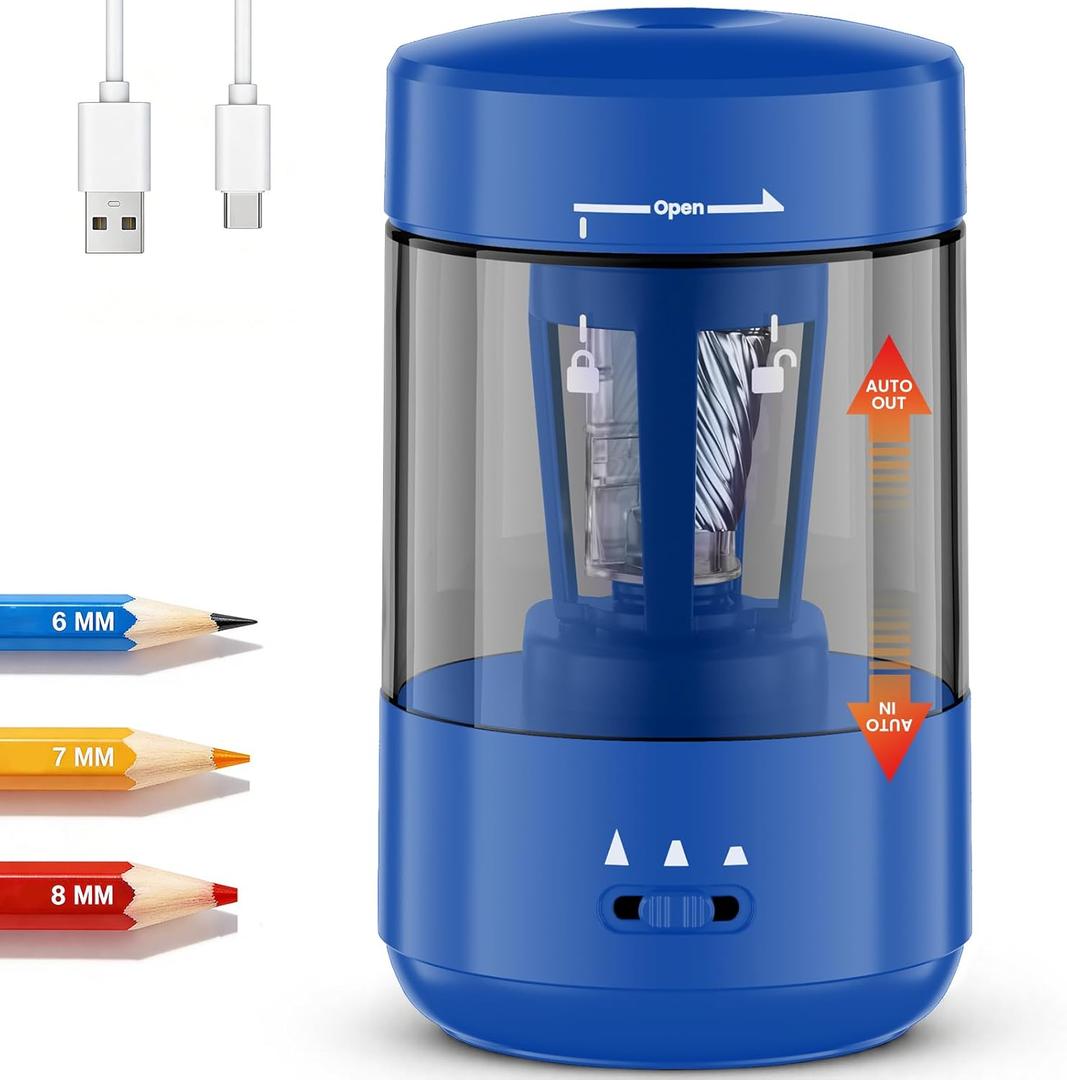 Electric Pencil Sharpener for Classroom, Fully Automatic Pencil Sharpener for 6-8mm Pencils & Colored Pencils, Auto in & Out, Type-C Rechargeable Pencil Sharpeners for Home, School, Office, Blue