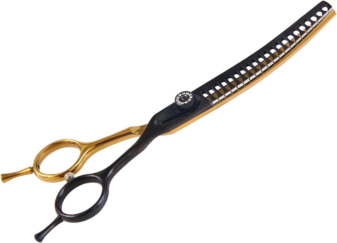 7" Curved Thinner Dog Scissor, Curved Chunker Scissors, 21 Teeth, 40% Thinning Rate, Professional Pet Shear for Groomer, Ergonomic Dog Grooming Scissor, Dogs Shear for Grooming (Black Gold)