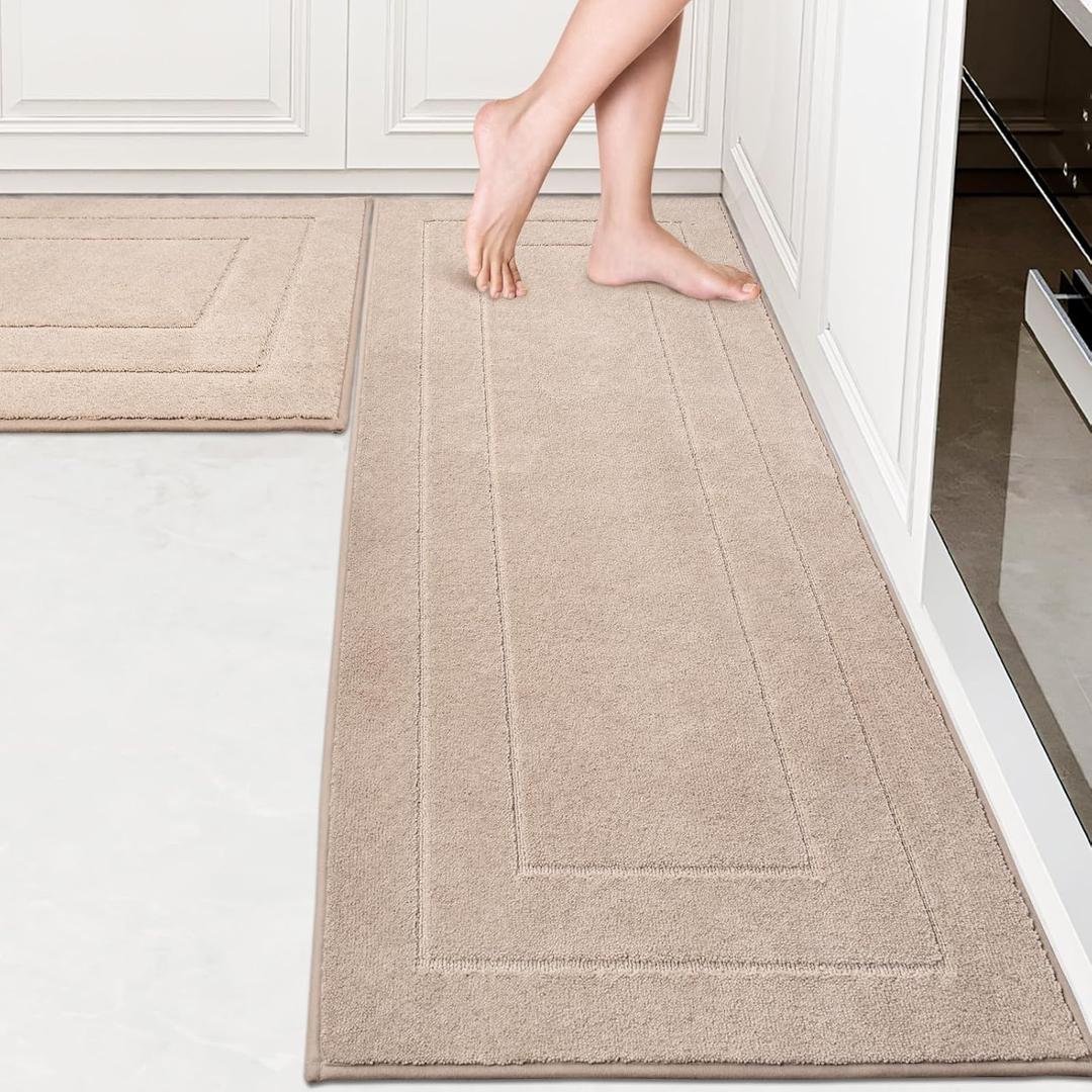 PURRUGS Machine Washable Kitchen Rug Set [2 PCS] (24" x 35.5"+ 24" x 59"), Non-Slip/Skid Kitchen Runner Rugs & Floor Mats, Super Absorbent Soft Standing Mats for Kitchen, Laundry & Sink, Beige