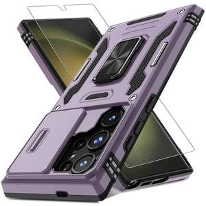 DEERLAMN Case for Samsung Galaxy S24 Ultra with Slide Camera Cover+Screen Protector (1 Pack), Rotated Ring Kickstand Military Grade Shockproof Protective Cover-Deep Purple