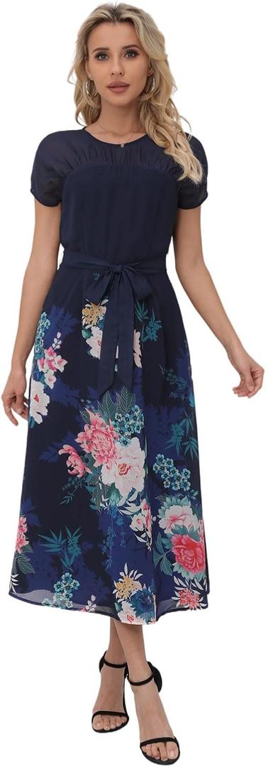 Women's Floral Dress for Women, Chiffon Beach Dress & Wedding Guest, Elegant Summer Dresses for Women (Navy, L)