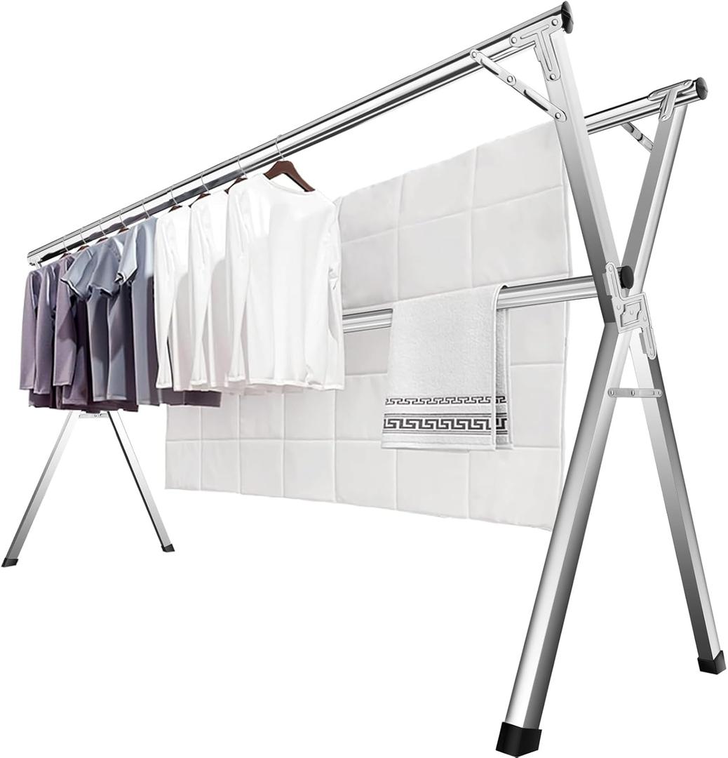 JAUREE 63 Inches Clothes Drying Rack, Drying Rack Clothing Folding Indoor Outdoor, Heavy Duty Stainless Steel Laundry Rack, Foldable Portable Large Clothes Rack Garment Rack with 20 Windproof Hooks (Silver)