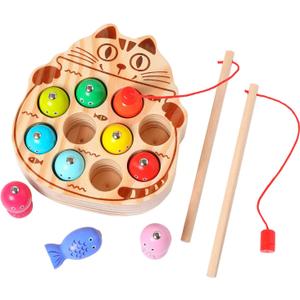 Montessori Magnetic Wooden Fishing Game for Toddlers 1-3 Years Old,Fine Motor Skills Early Learning Eyes Hands Cooperation Toy for Boys & Girls Great Birthday Gift