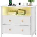 27 Inch Wide Night Stand, Large Wood Night Stand with 2 Drawers, LED Nightstand with Charging Station and Adjustable Drawer, Bedside Table for Living Room/Bedroom/Study/Office, White.