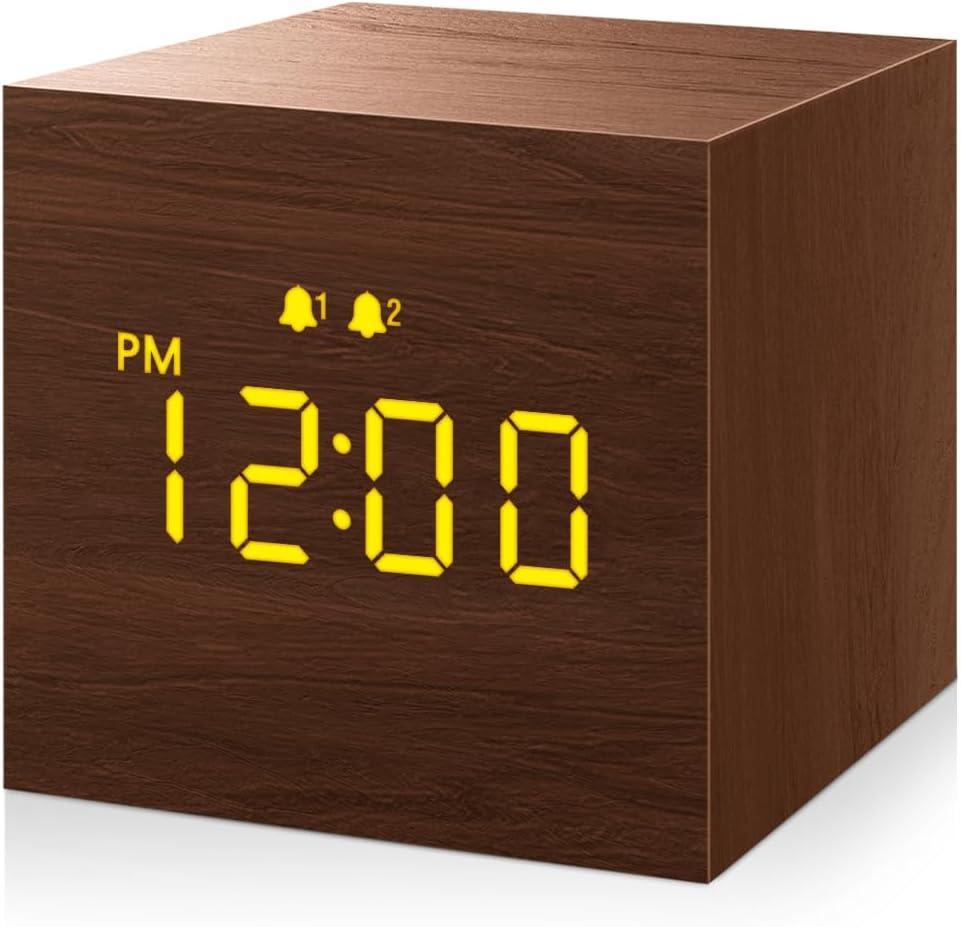 Digital Alarm Clock, with Wooden Electronic LED Time Display, 3 Alarm, 2.5-inch Cubic Small Mini Wood Made Electric Clocks for Bedroom, Bedside, Desk, Brown