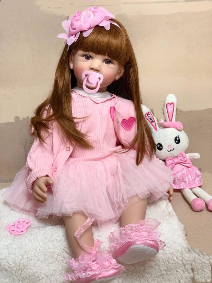 Angelbaby Doll 24 inch Adorable Reborn Toddler Girl with Long Hair That Looks Real Reborn Silicone Baby Dolls Cuddle Toys for Children Doll Sets (Pink Dress)