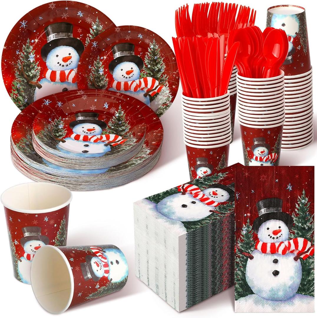 Sinmoe 400 Pcs Winter Dinnerware Set Disposable Winter Plates and Napkins Set Serve 50 Christmas Paper Dinner Plates Napkins Cup Christmas Party Supplies for Holiday(Red,Snowman)