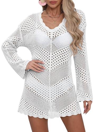 Women Swimsuit Summer Long Sleeve Crochet Knit Bathing Suit Beach Cover Up Hollow Out Sexy See Through Dress (Medium)