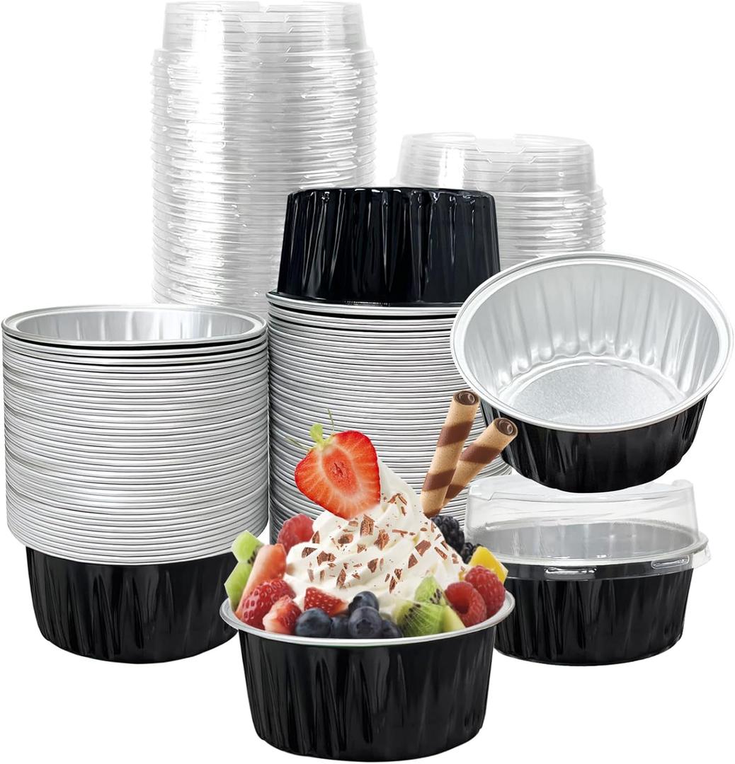 100Pcs Aluminum Cups with Lids,5oz Disposable Ramekin Baking Cups Muffin Liners Mini Pie Pans Foil Cupcake Containers for Christmas Party Wedding Party,Black
