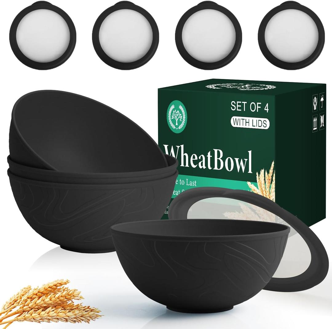 Homienly Wheat Straw Bowls with Lids, Unbreakable 40 OZ Salad Container for Lunch, Dishwasher Safe Cereal Bowl for Kitchen, Camping, Picnic, 8 Piece Plastic Bowl Set includes 4 Bowls and 4 Lids, Black