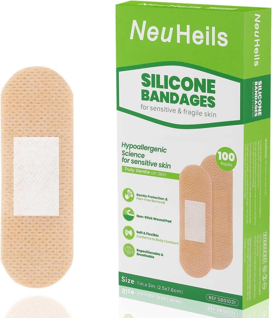 NeuHeils Silicone Bandages for Sensitive Skin 1''x3'' (100 Count), Hypoallergenic, Pain-Free Removal, Non-Stick Pad, Gentle for Fragile Skin,Flexible, Waterproof Wound Dressing