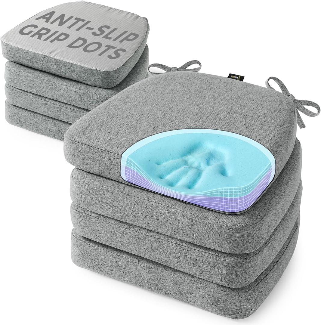 SUNROX Cooling Gel Memory Foam Chair Cushions, 2.6" Thick U-Shaped Dual-Layer Comfort Dining Chair Pads, Non Slip Seat Cushion with Ties for Indoor Kitchen Office 17"x16" Set of 8, Heather Grey, 16x17 Inch
