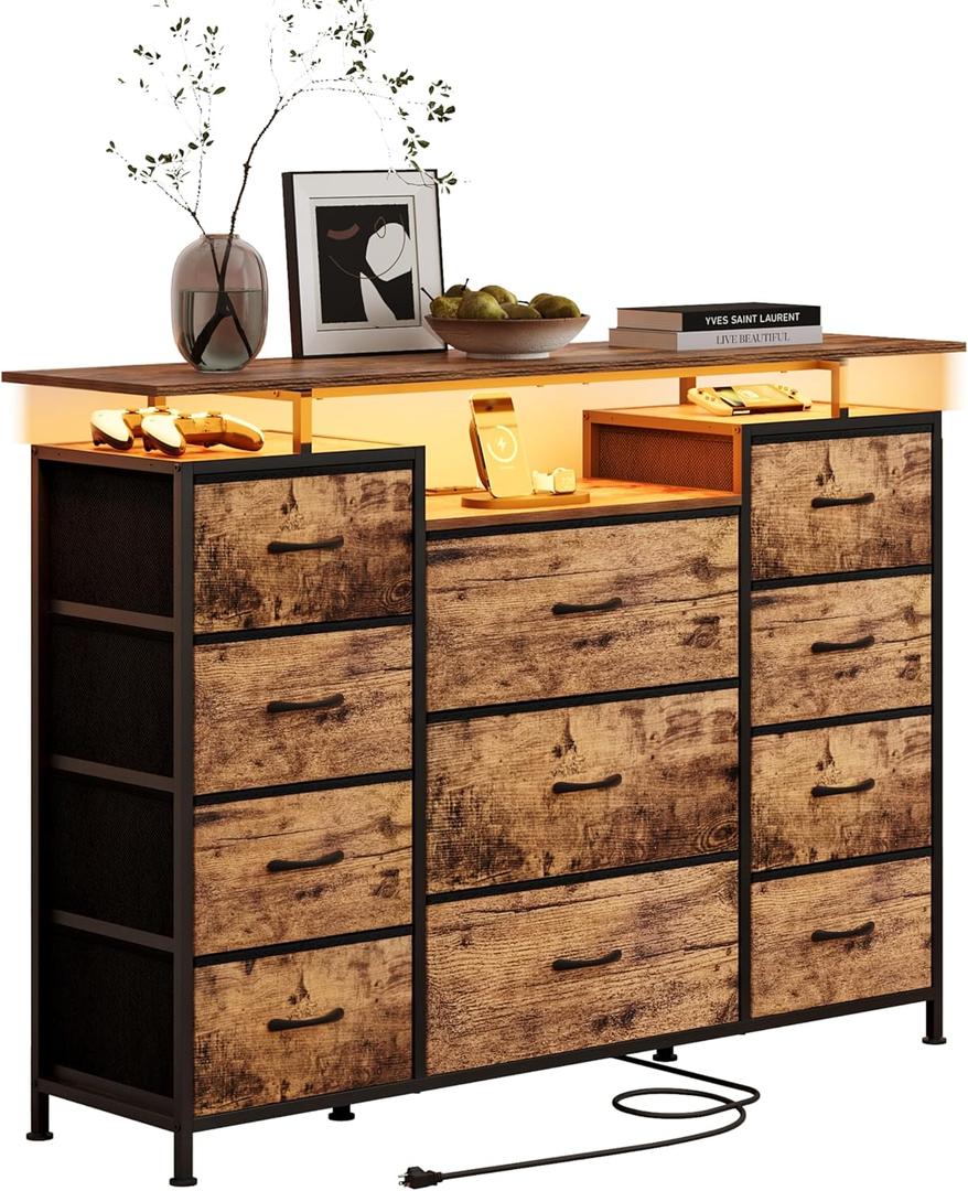 LUMTOK 11 Drawers Dresser with Fabric Drawers,Charging Station, LED Lights and Shelves for Bedroom Storage Organization (Brown)