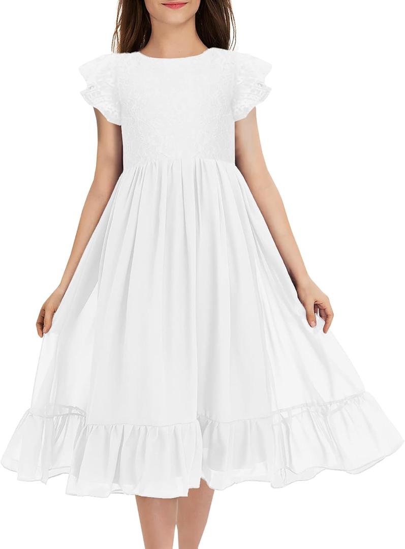 MITILLY Girls Elegant Lace Flower Crew Neck Ruffle Chiffon A-Line Flowy Birthday Party Midi Dress (6 Years, 04 White)