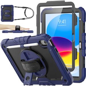 SEYMAC stock Case for iPad (A16) 11th/10th Generation 11''/10.9'' 2025/2022, Full-Body Drop Protection Case with Screen Protector &360 Rotate Hand Strap/Stand, Navy Blue