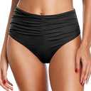 Tempt Me Women's High Waisted Bikini Bottom Tummy Control Ruched Bathing Suit Swim Bottom (Black, Large)