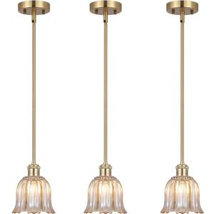Modern Gold Pendant Light 3 Pack Brushed Brass Mid Century Chandelier Amber Glass Shades Adjustable Rods Farmhouse Ceiling Hanging Lighting Fixture Kitchen Island Dining Room Bedroom