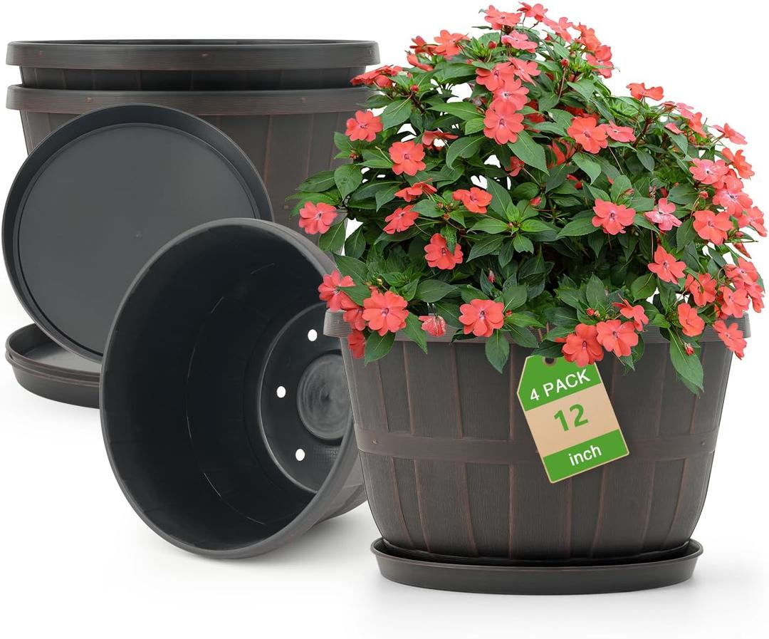 Quarut 12 Inch Large Planter Pot for Plants Indoor Outdoor, 4 Pack Plastic Flower Pots with Drainage Hole & Tray, Modern Decorative Garden Pot with Saucer, Plant Container for HouseBrown