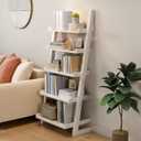 AQIMUELE White Wooden Ladder Shelf with Edges, 5-Tier Modern Leaning Bookshelf Ladder – Stylish Space-Saving Bookcase for Living Room, Bedroom & Home Office